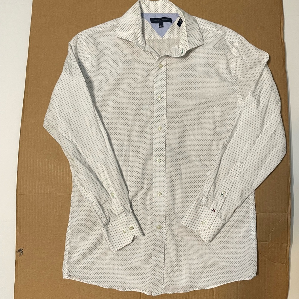 Tommy Hilfiger Mens White Printed Point Collar Dress Shirt Size 15-1/2 (32-33)
